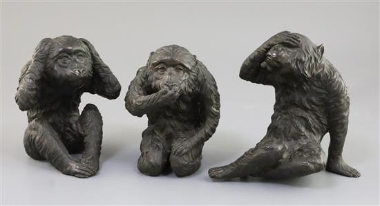 A set of Japanese bronze okimono of the three wise monkeys, Meiji period, H. 15.5cm - 17cm (3), only Mizaru signed